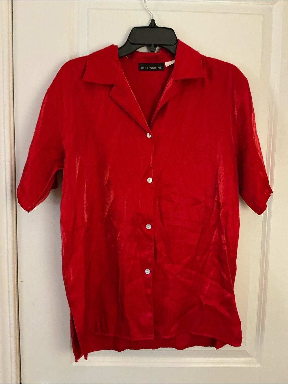 Vintage Impressions Red Short Sleeve Button Down Blouse Camp Collar M/L
